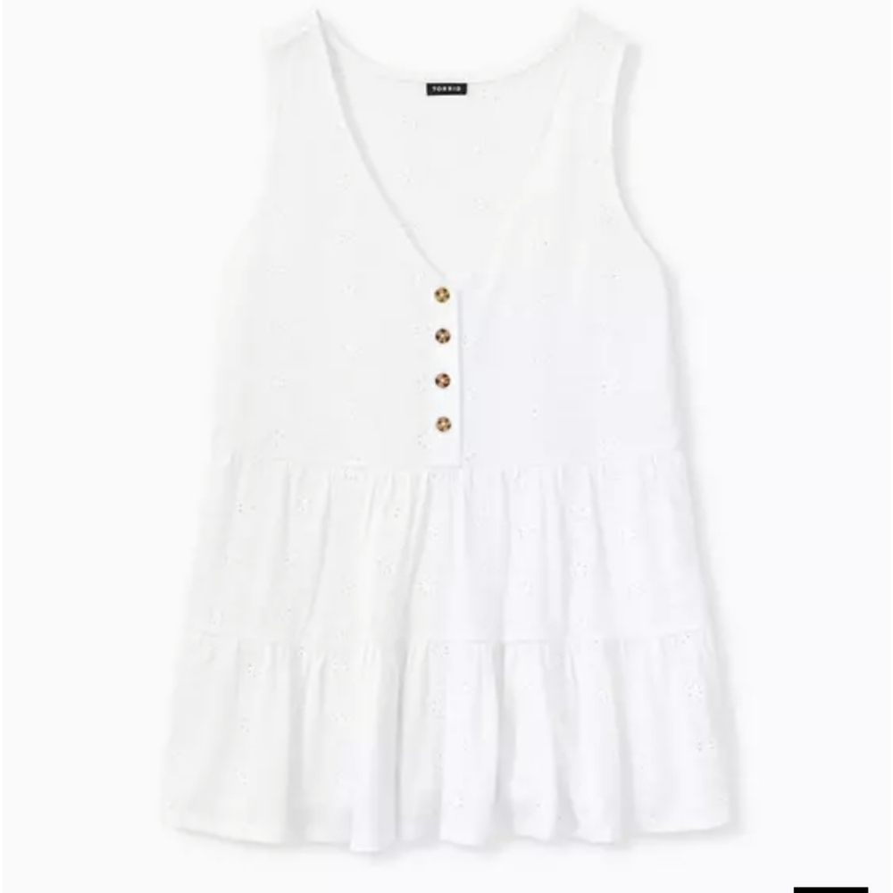 Torrid 2x White  Eyelete Shirred Hem Baby Doll Tank with Button Detail
